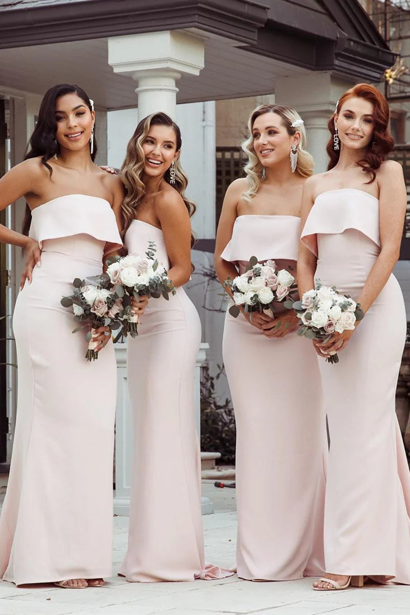 Robes de demoiselle d'honneur roses, longueur au sol, style sirène, sans bretelles, avec traîne